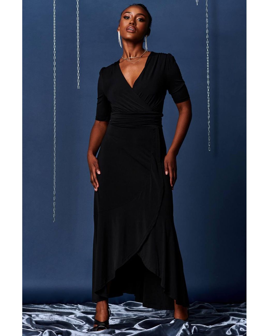 Jolie Moi Blue Wrap Front Frill Hem Maxi Dress