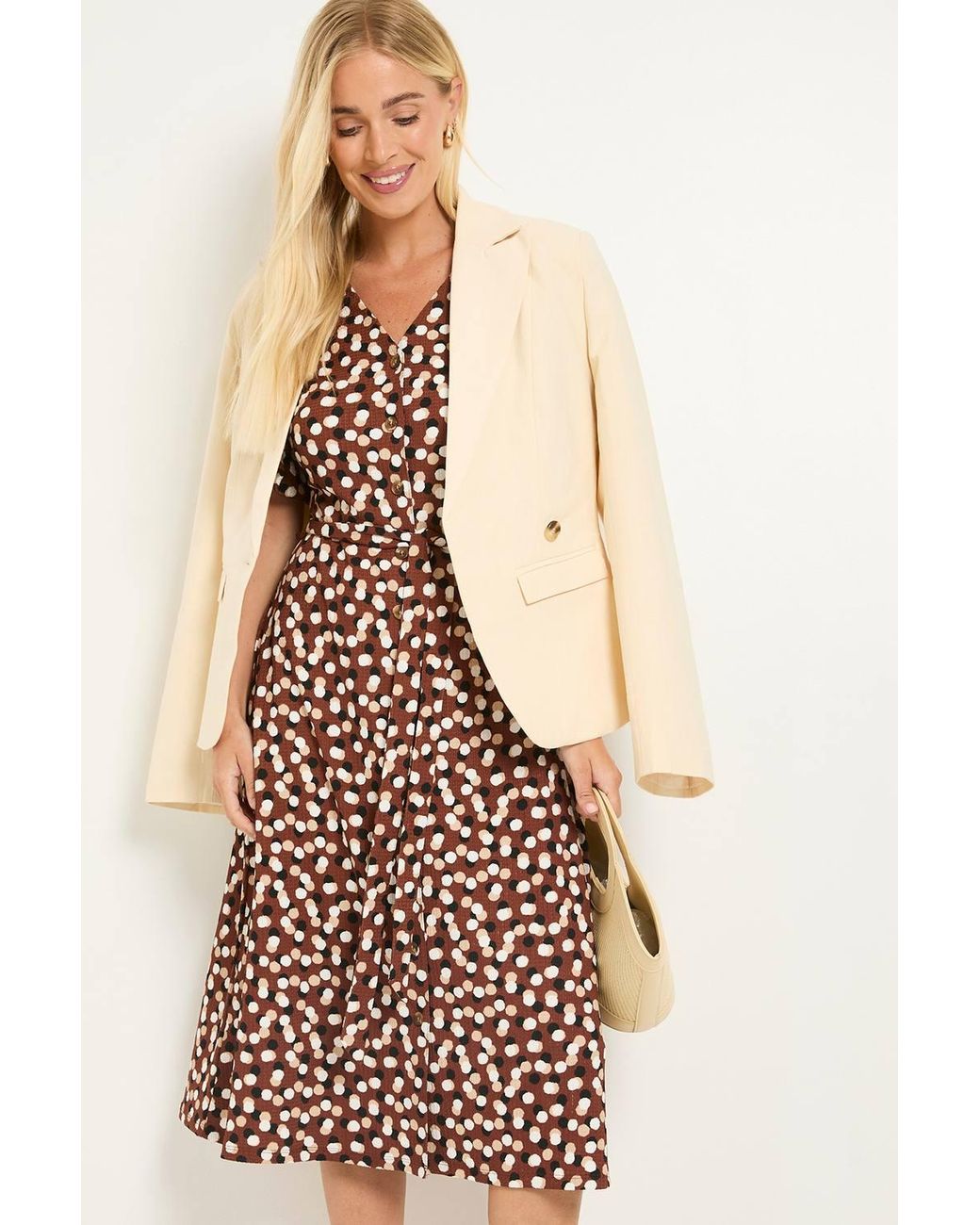 Wallis Brown Spot Petite Jersey Button Midi Dress