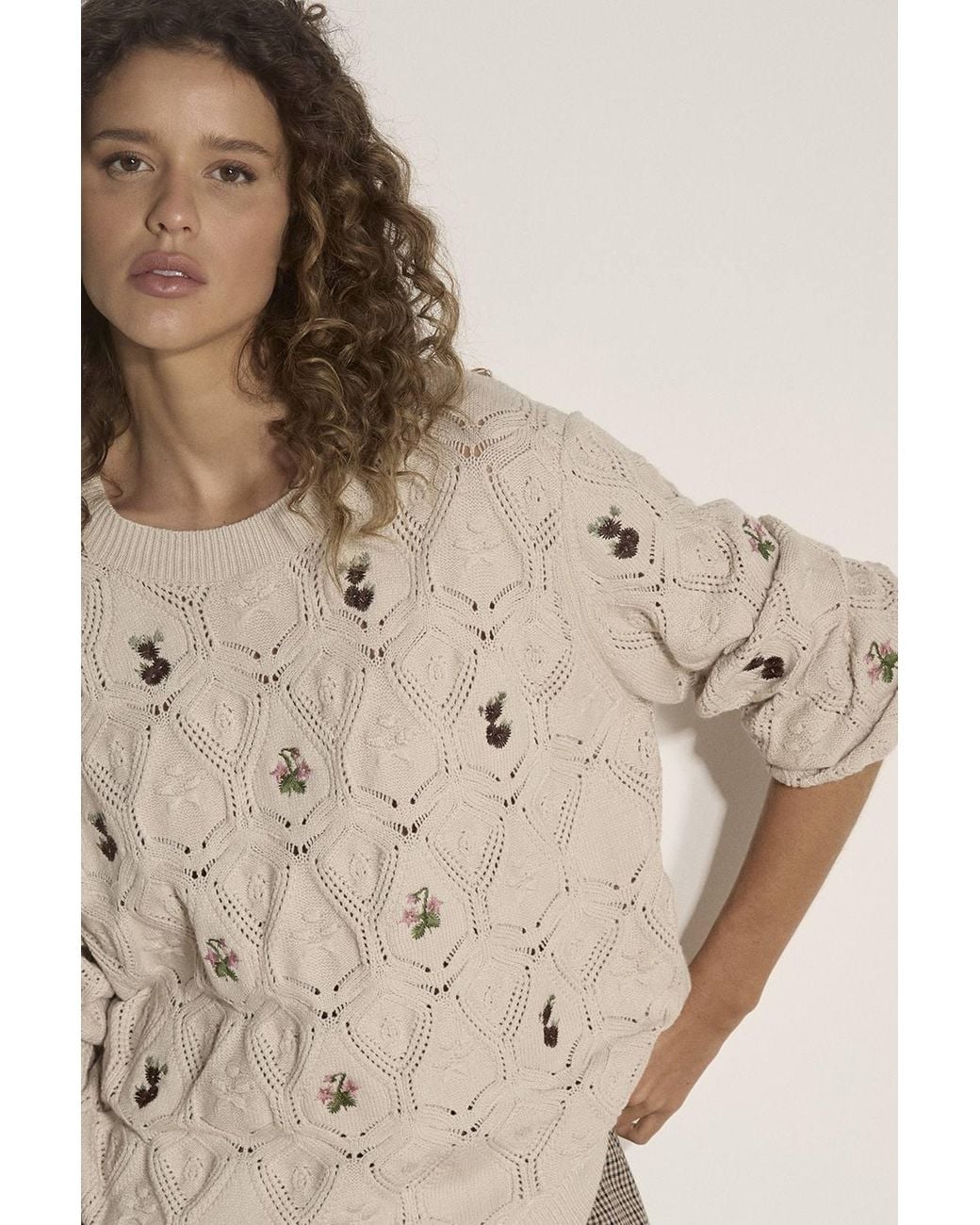 Apricot Natural Pointelle Knit Floral Embroidered Jumper