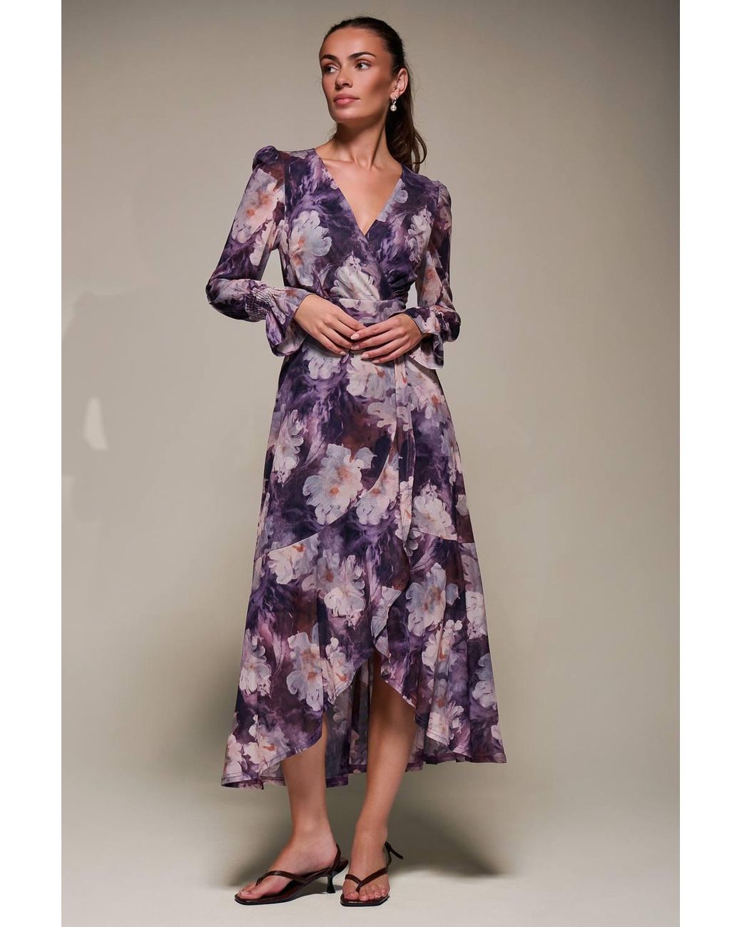 Jolie Moi Purple Ruffle Cuffed Sleeve Frill Mesh Maxi Dress