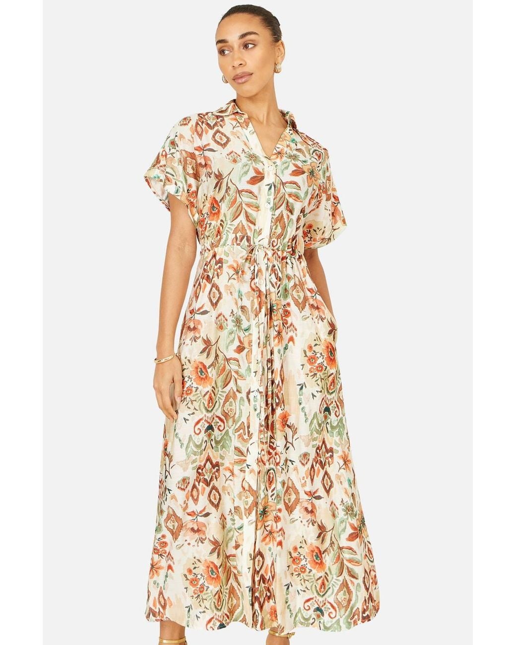 Yumi' Natural Viscose Relaxed Boho Print Maxi Shirt Dress