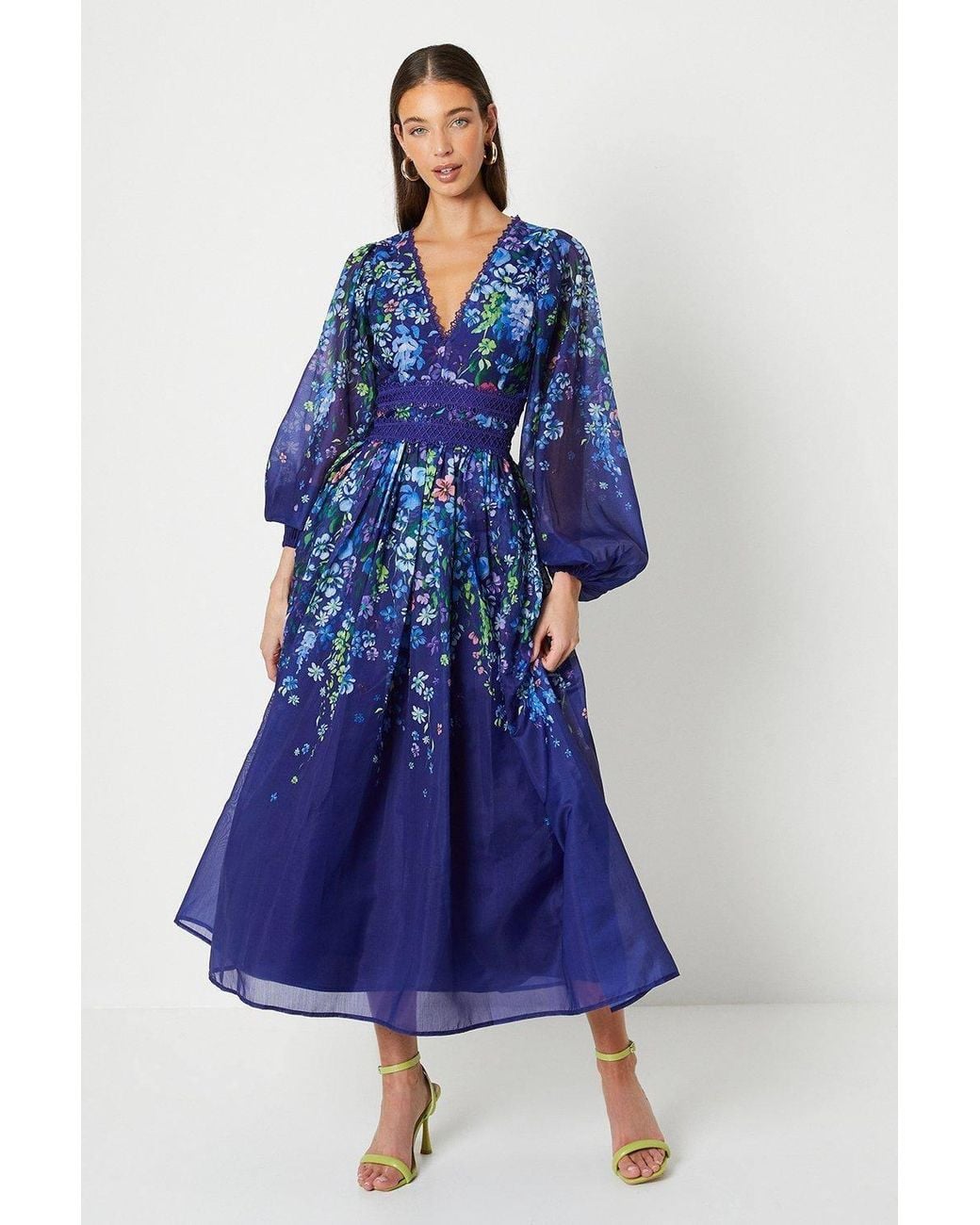 Coast Blue Organza Floral Placement Lace Trim Midaxi Dress