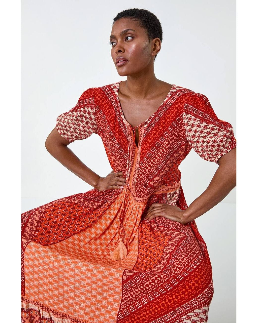 Roman Red Stripe Border Print Crinkle Maxi Dress