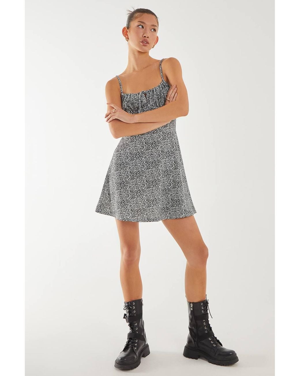 Pink Vanilla Gray Ditsy Corset Detail Skater Dress