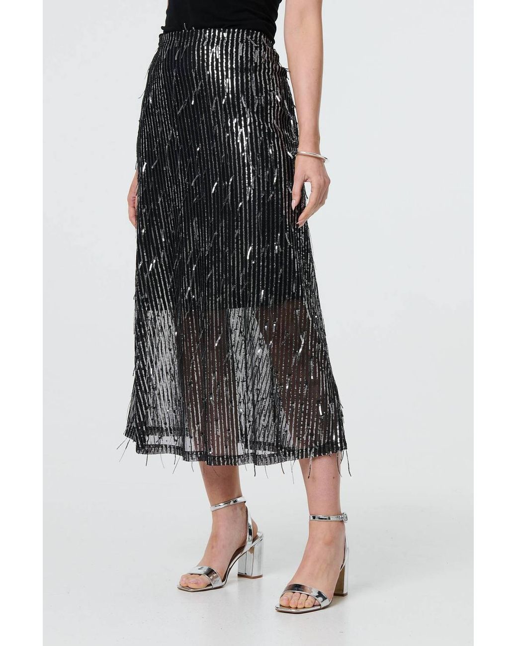 Izabel London Blue Sparkly Striped Mesh Layer Midi Skirt