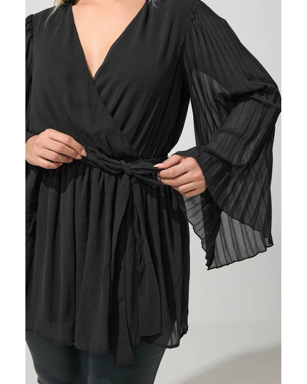 Yours Black Pleat Sleeve Wrap Top