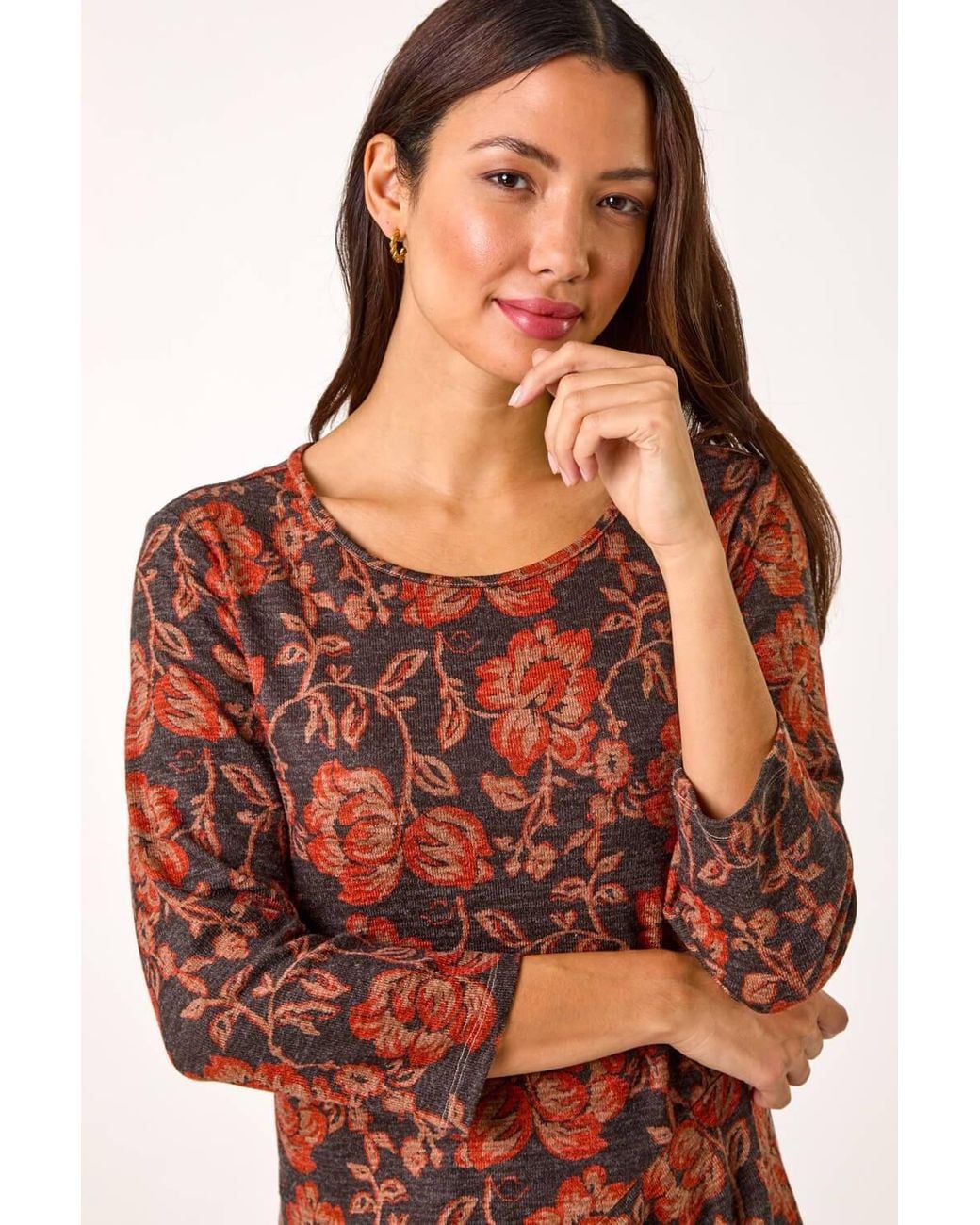 Roman Red Floral Print Hanky Hem Tunic Top