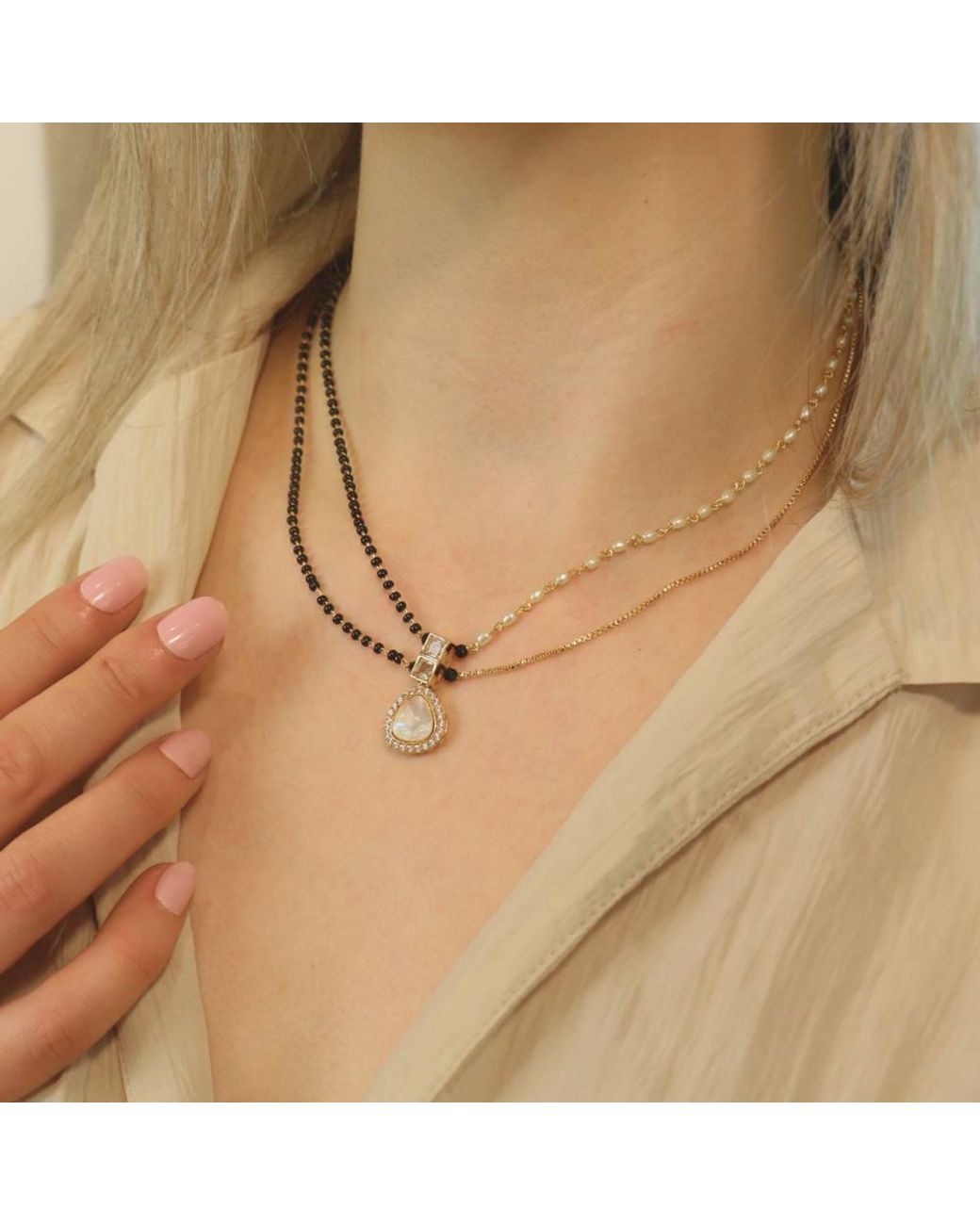 The Colourful Aura Natural Two Layer Pearl Zircon Tear Drop Mangalsutra Pendant