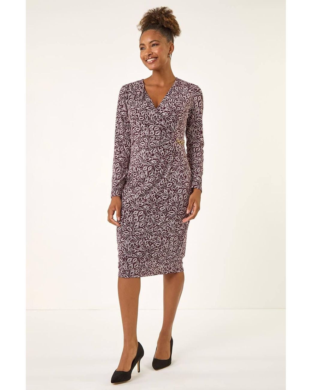 Roman Purple Leaf Print Chain Detail Midi Dress