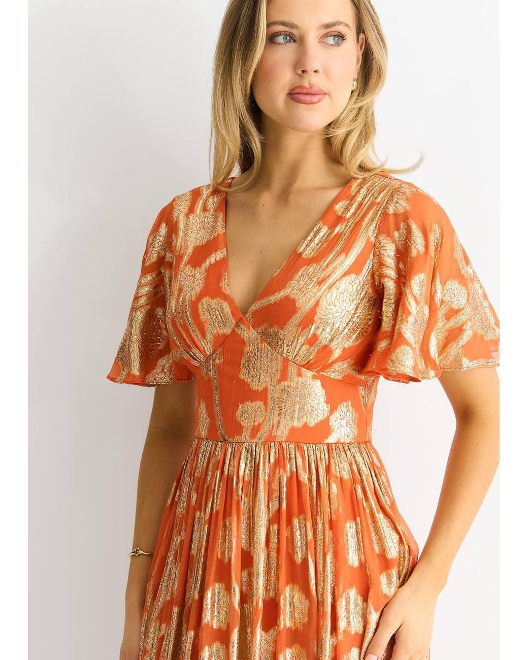 Gini London Orange Metallic Jacquard Flutter Sleeves Maxi Dress