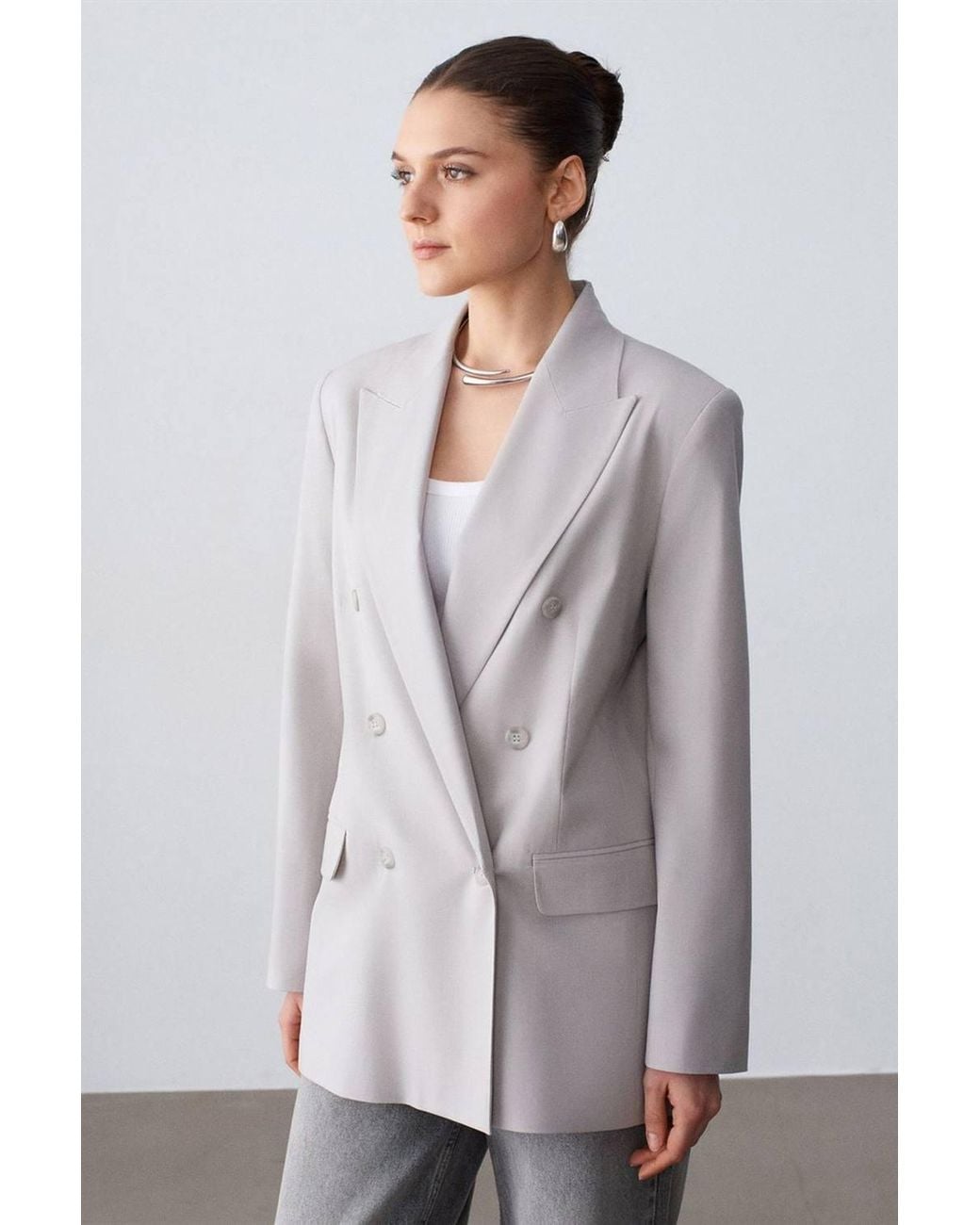 Dilvin Gray Long Crepe Blazer Jacket