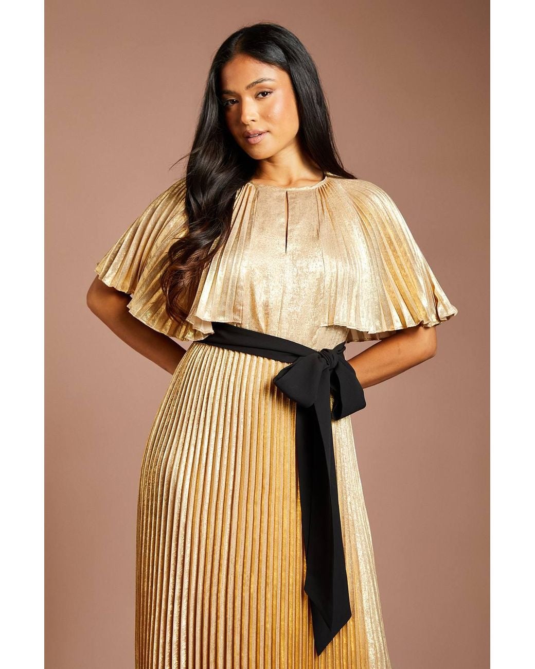 Coast Natural Petite Muse Pleated Cape Detail Metallic Maxi Dress W/ Tie