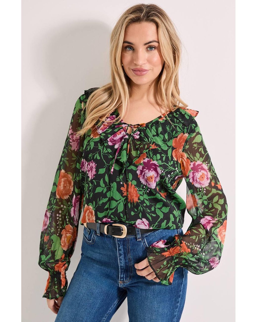 Dorothy Perkins Multicolor Ruffle Tie Front Long Sleeve Printed Chiffon Blouse