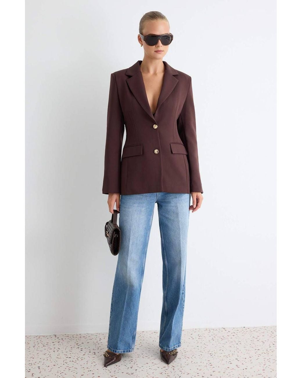 WOVCOR Brown Button Fitted Blazer Jacket