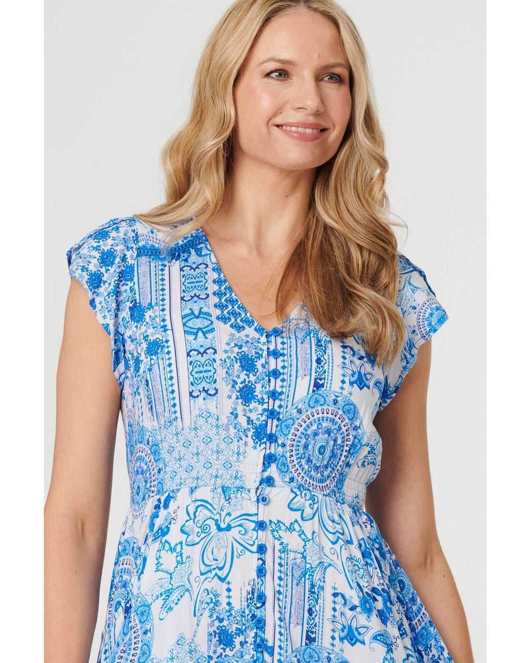 Izabel London Blue Abstract Printed Lace Trim Midi Dress