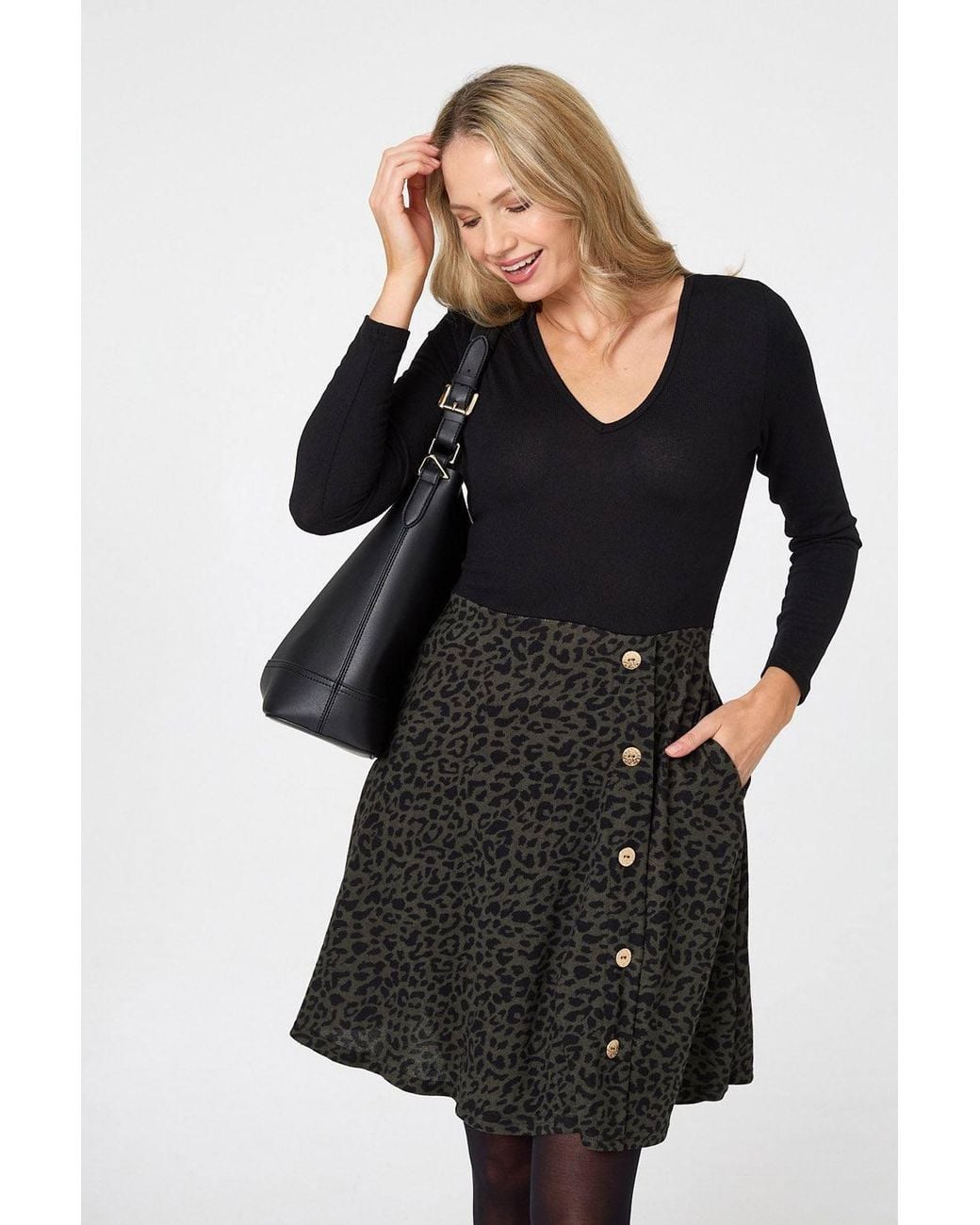 Izabel London Black Animal Print V-Neck Short Skater Dress