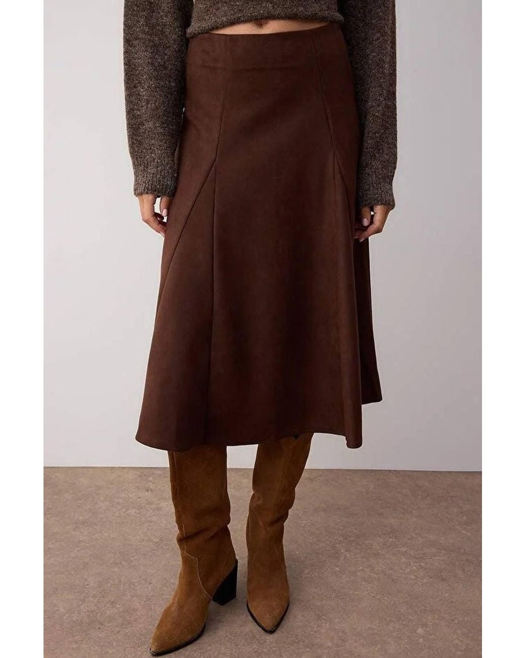 WOVCOR Brown A-Line Woven Midi Skirt W/ Soft Suede Finish & Fluid Shape