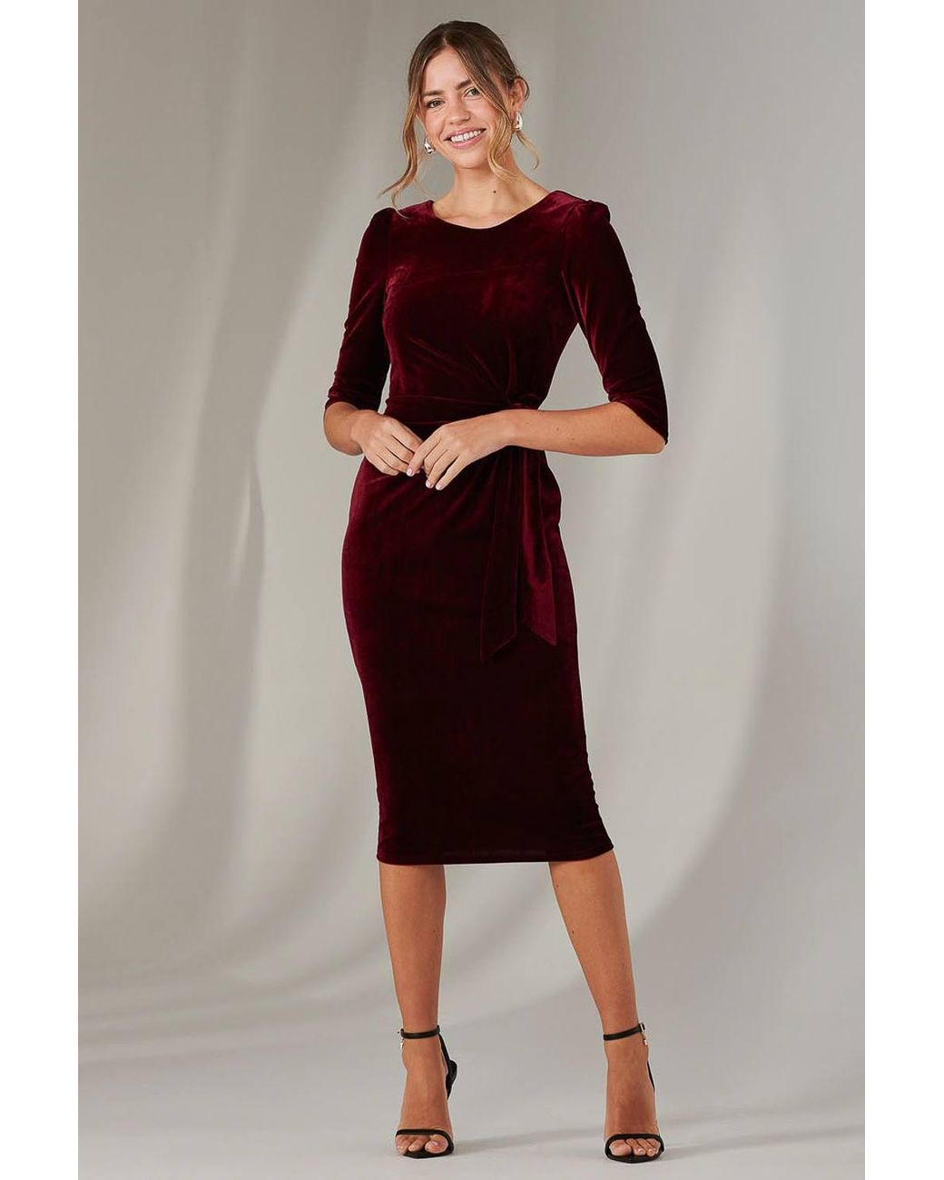 Jolie Moi Red Velvet Side Tie Midi Dress