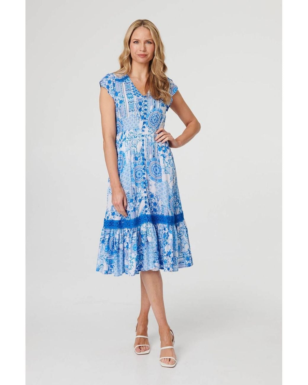 Izabel London Blue Abstract Printed Lace Trim Midi Dress