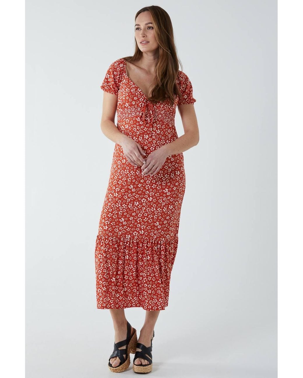 Blue Vanilla Shirred Milkmaid Sweetheart Midi Dress