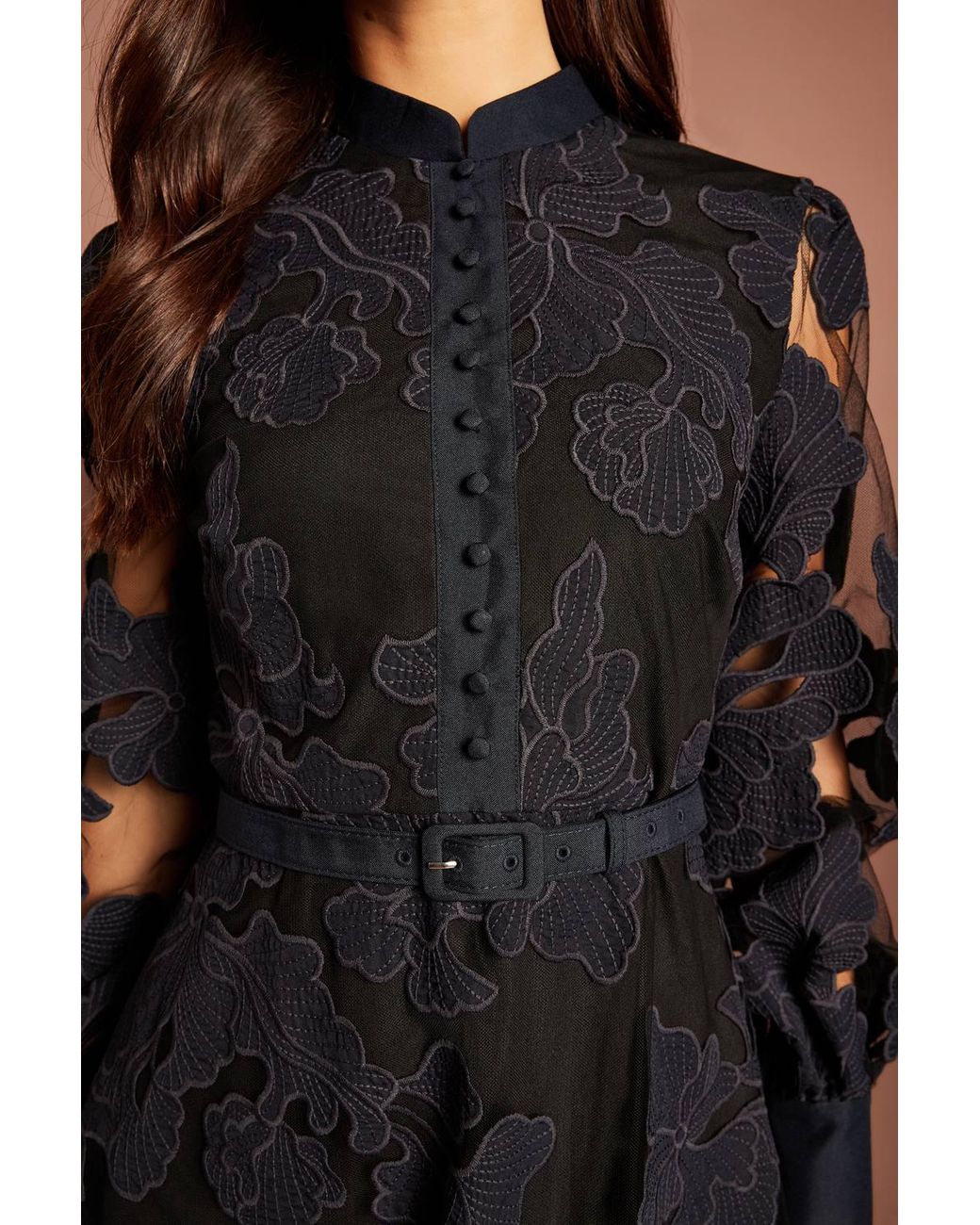 Coast Black Applique Belted Long Sleeve Shirt Midi Dress