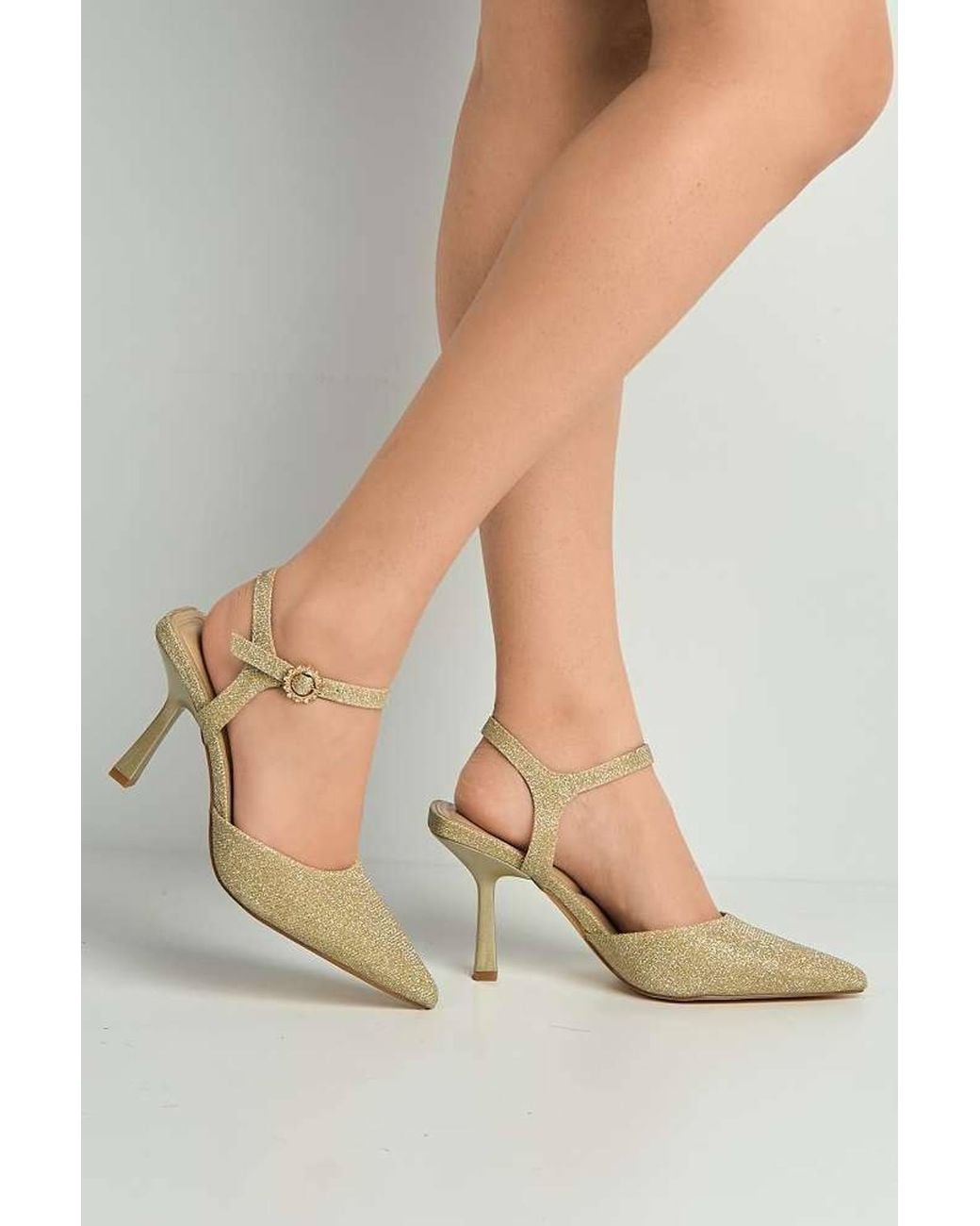 Miss Diva White Desse Pointed Toe Shimmer Anklestrap Court Shoes