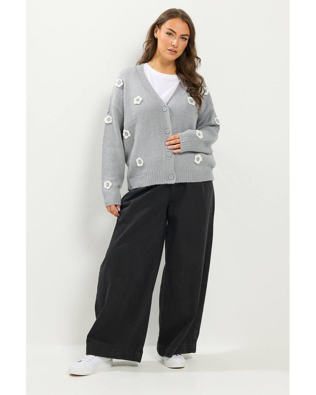 Yours Gray Applique Flower Cardigan