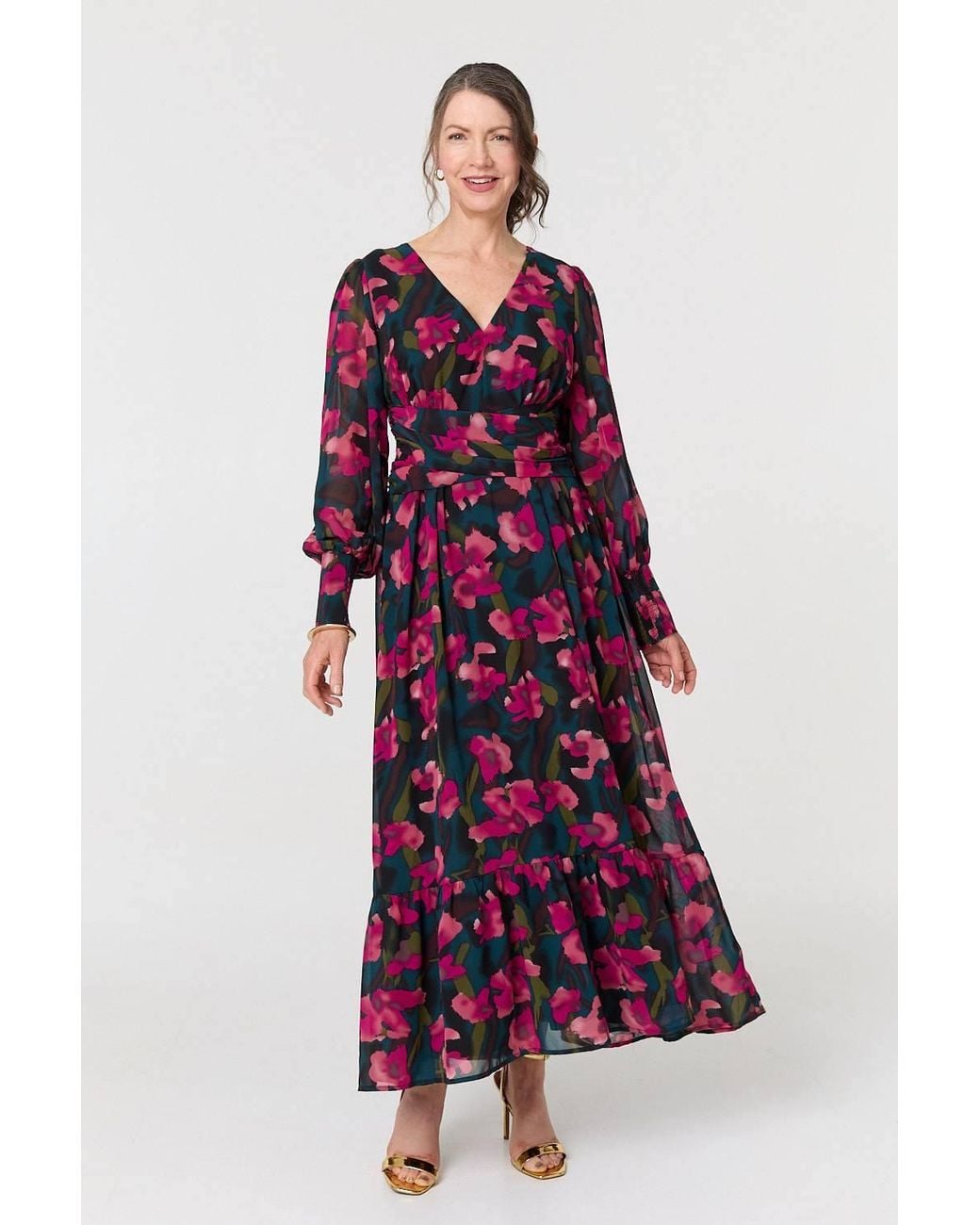 Izabel London Red Floral Ruched Long Sleeve Maxi Dress
