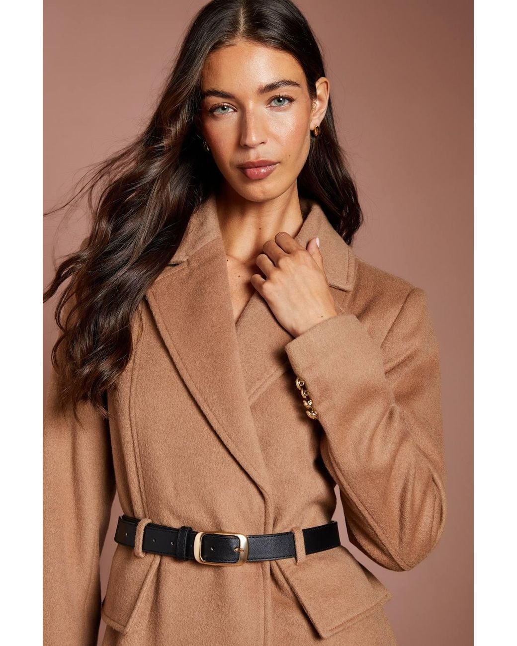 Coast Brown Lisa Tan Occasion Skirt Detail Belted Longline Coat