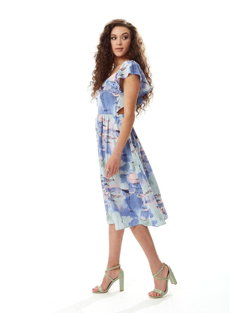 Liquorish Blue Abstract Print Cut Out Back Midi Dress