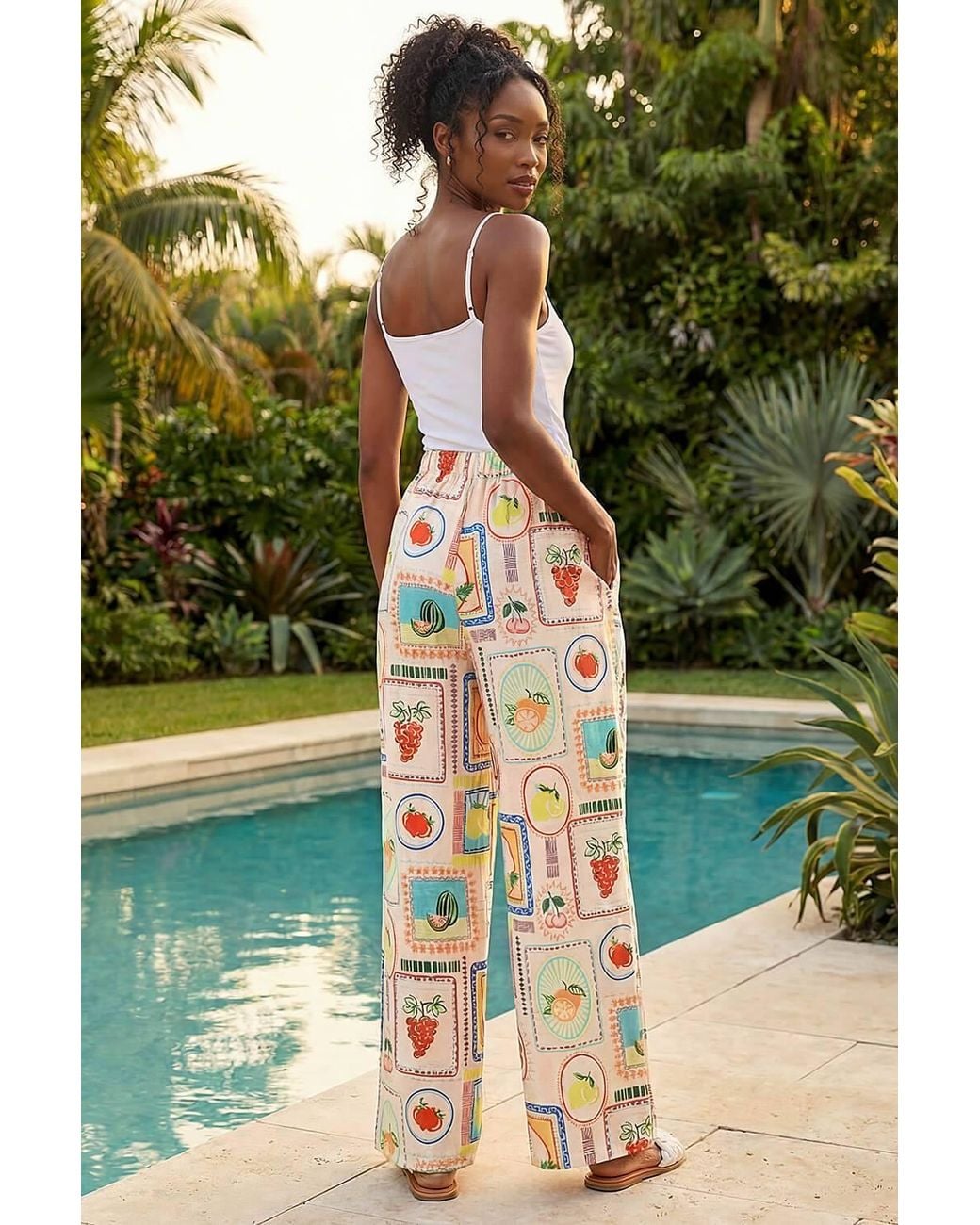 Roman Green Fruit Print Tie Waist Stretch Trouser