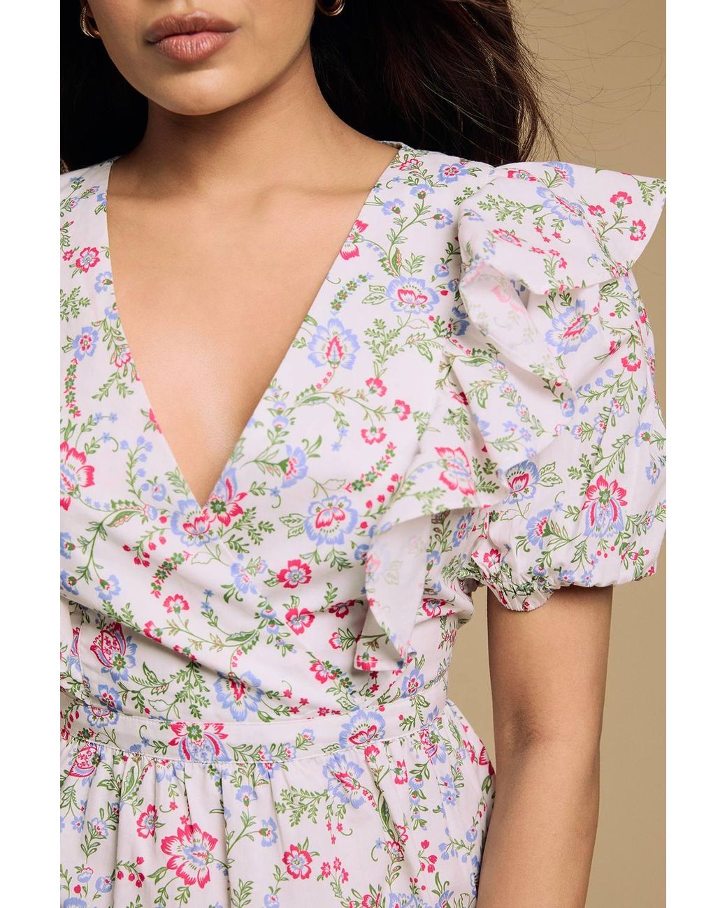 Dorothy Perkins Natural Petite Ruffle Shoulder Puff Sleeve Poplin Mini Dress