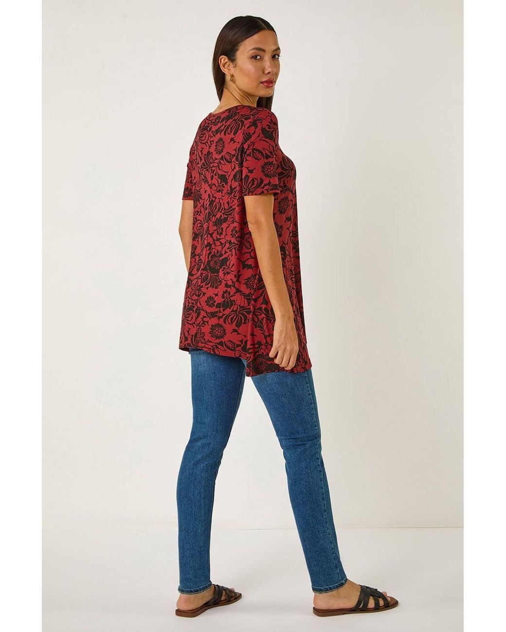 Roman Red Floral Print Hanky Hem Tunic Top