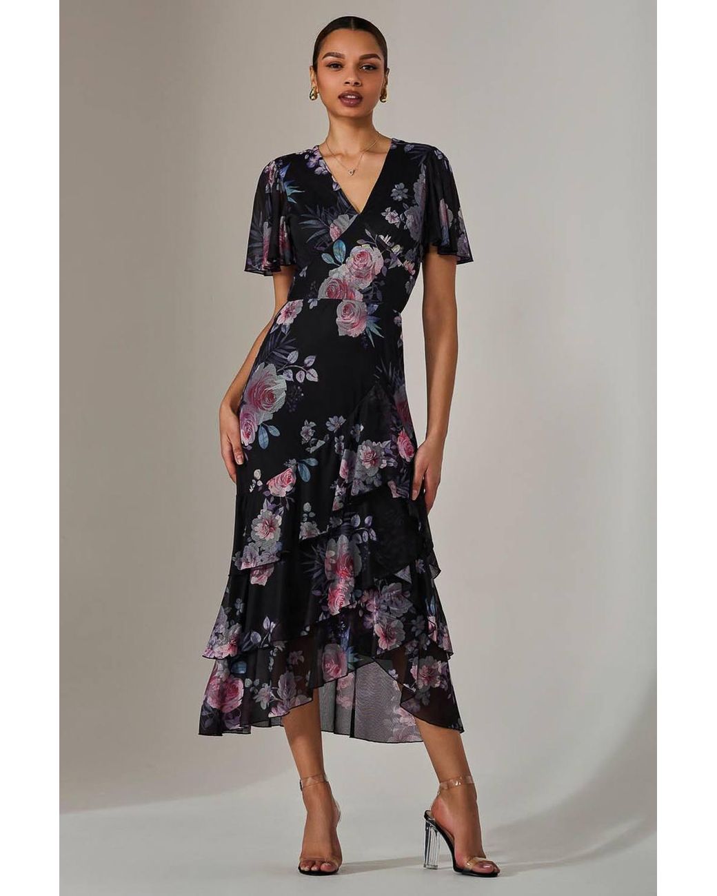 Jolie Moi Black Mesh Print Frill Hem Midaxi Dress