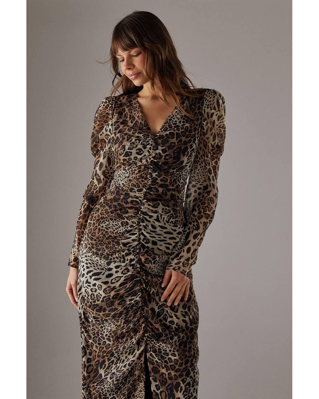 Warehouse Brown Animal Chiffon Ruched Plunge Button Front Midi Dress