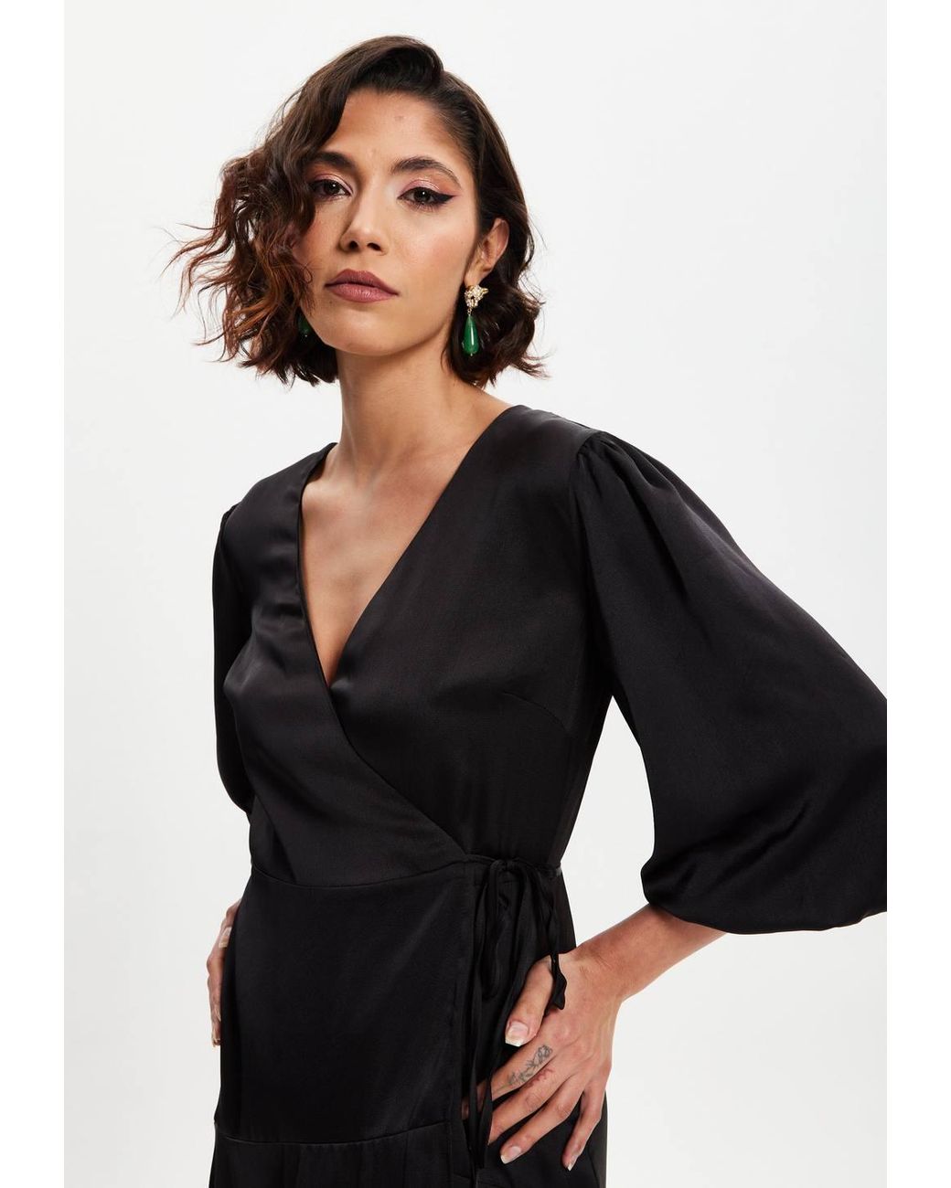 Liquorish Black Midi Wrap Dress W/ Puff Sleeves