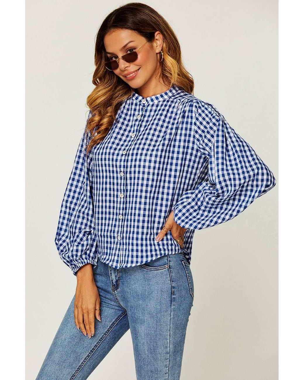 FS Collection Blue Gingham Balloon Sleeve Blouse With Shell Buttons