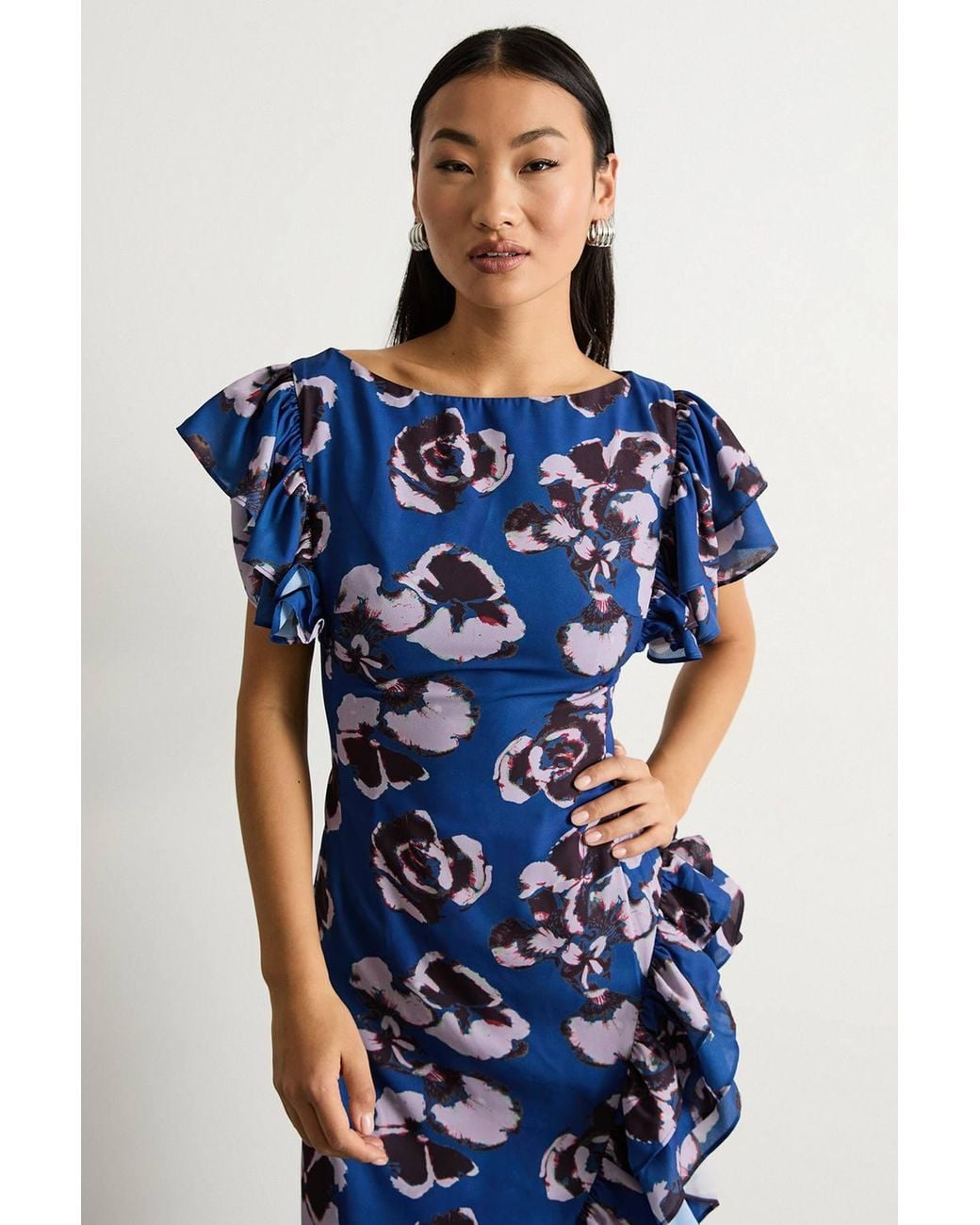 Warehouse Blue Petite Printed Side Split Ruffle Detail Maxi Dress