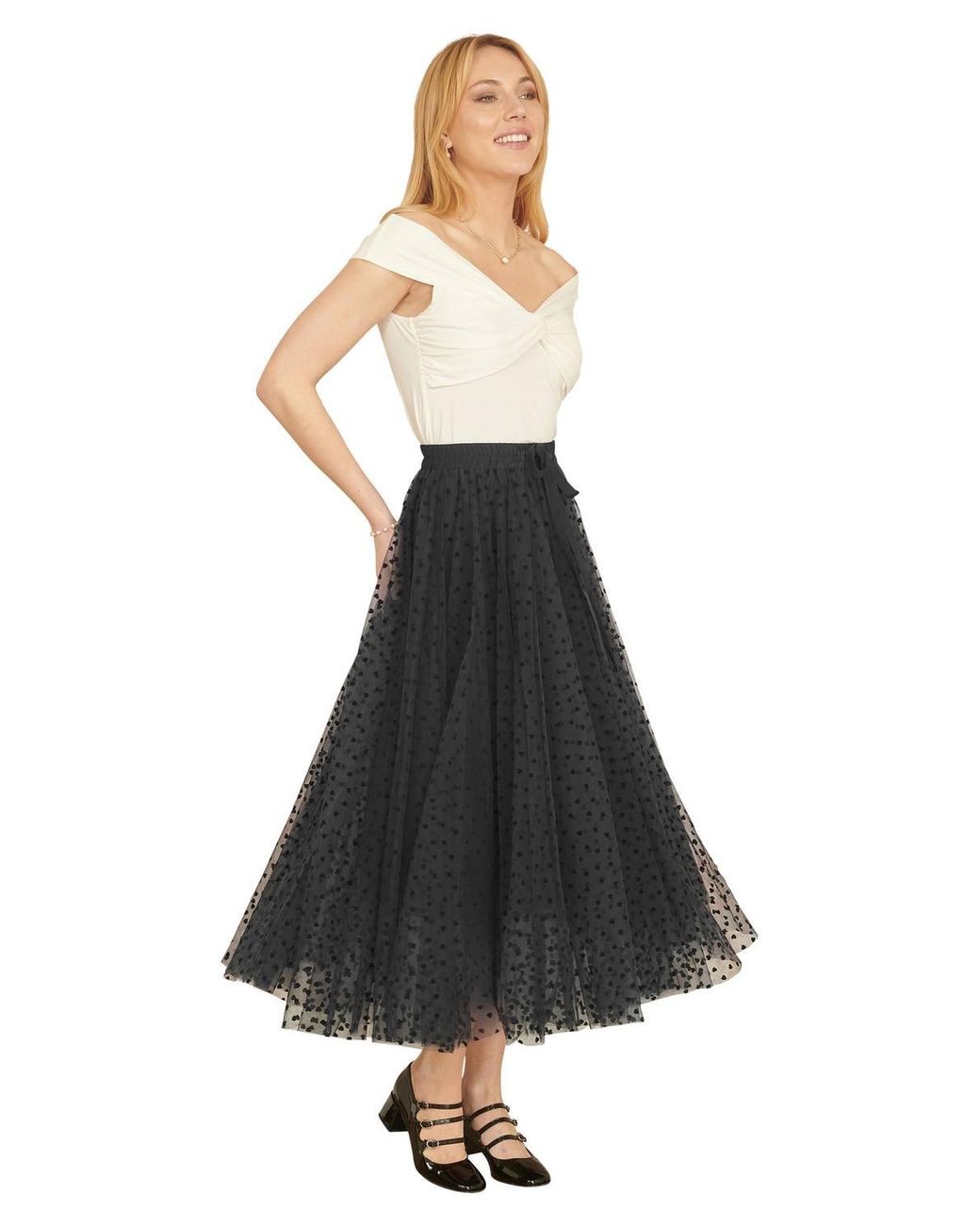 Yumi' Black Mesh Heart Print Tulle Skirt