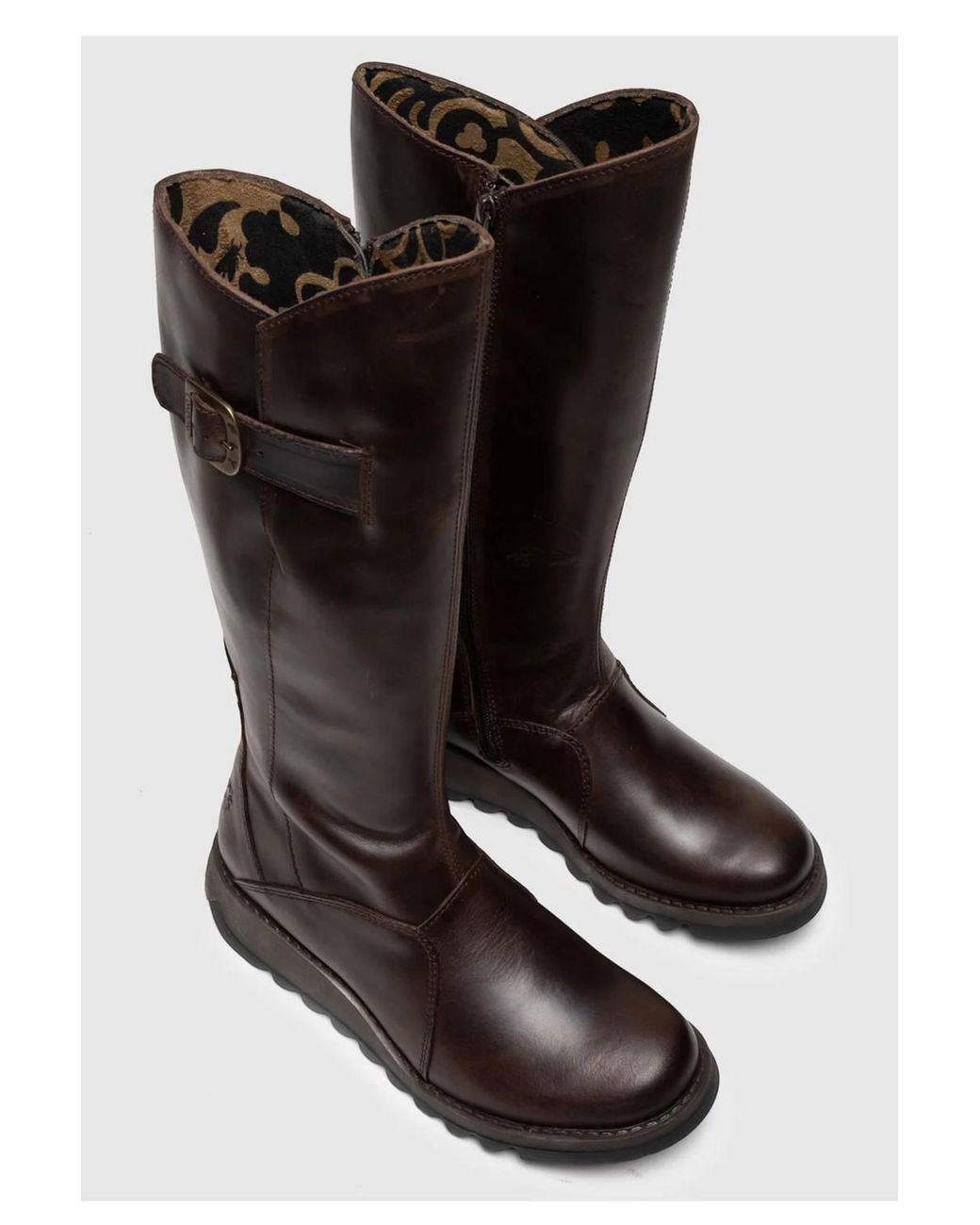 Infinity Leather Black Fly London Mol 2 Leather Wedge Heel Knee High Zip-Up Boots