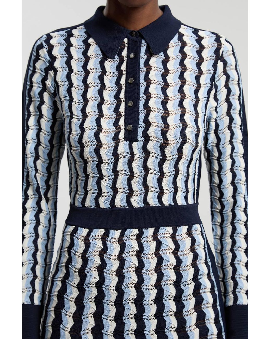 Karen Millen White Petite Knit Pointelle Contrast Collared Midi Dress