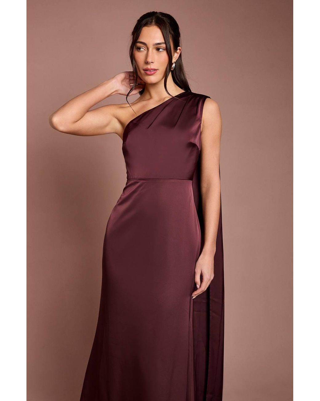 Coast Brown Honoured Petite Drape One Shoulder Satin Maxi Bridesmaid Dress