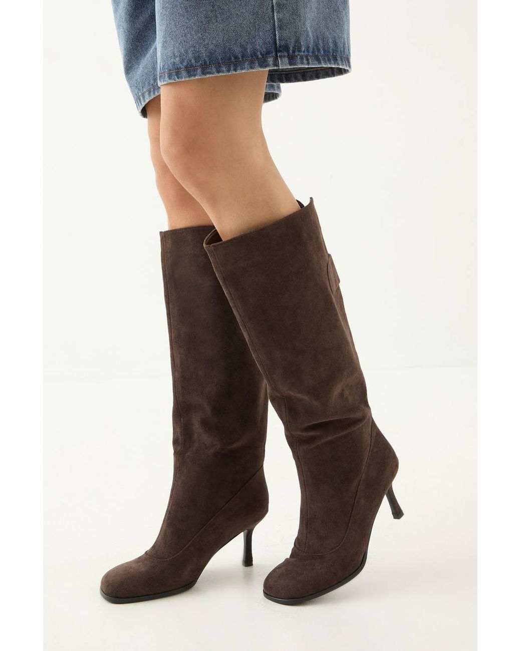 MissPap Black Faux Suede Square Toe Stiletto Heel Knee Boots