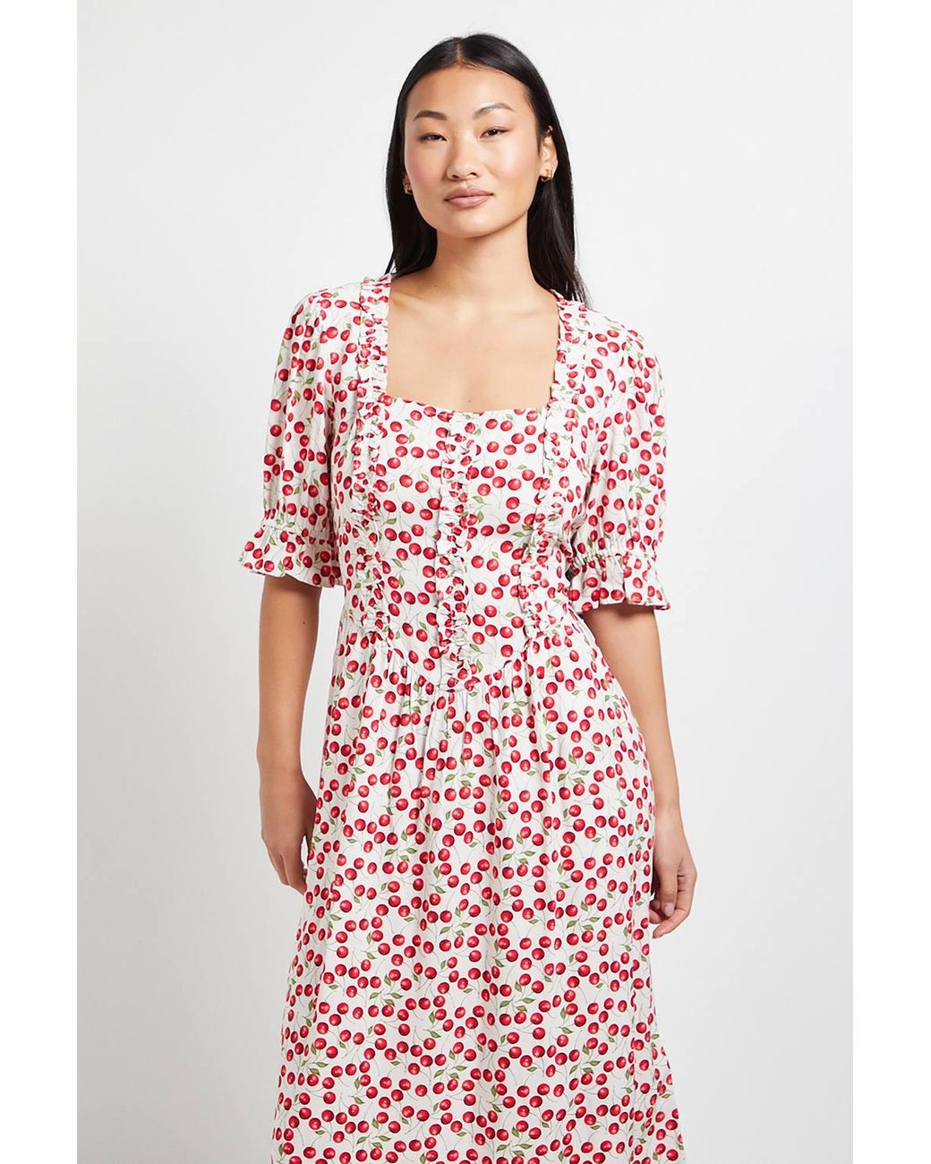 Dorothy Perkins Red Petite Print Square Neck Frill Detail Puff Sleeve Midi Dress