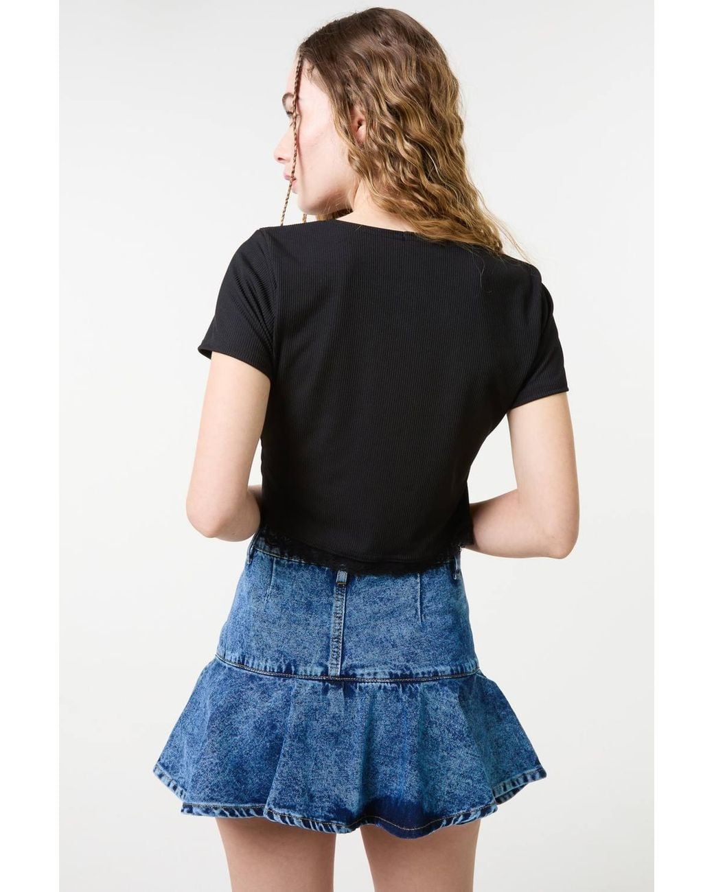 Pink Vanilla Blue Ribbed Lace Tie Front Top