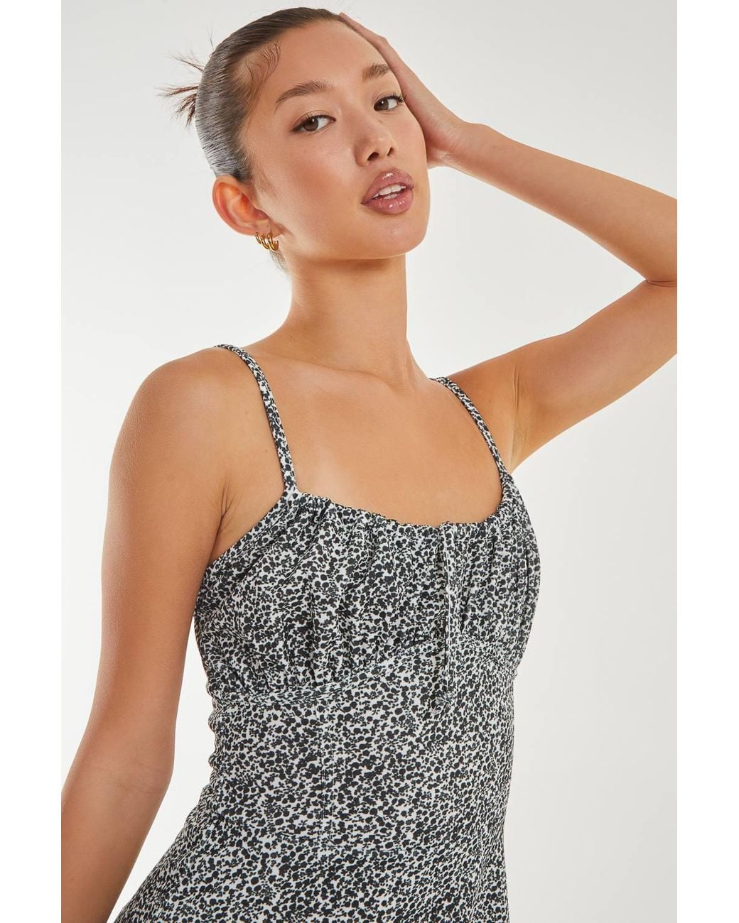 Pink Vanilla Gray Ditsy Corset Detail Skater Dress