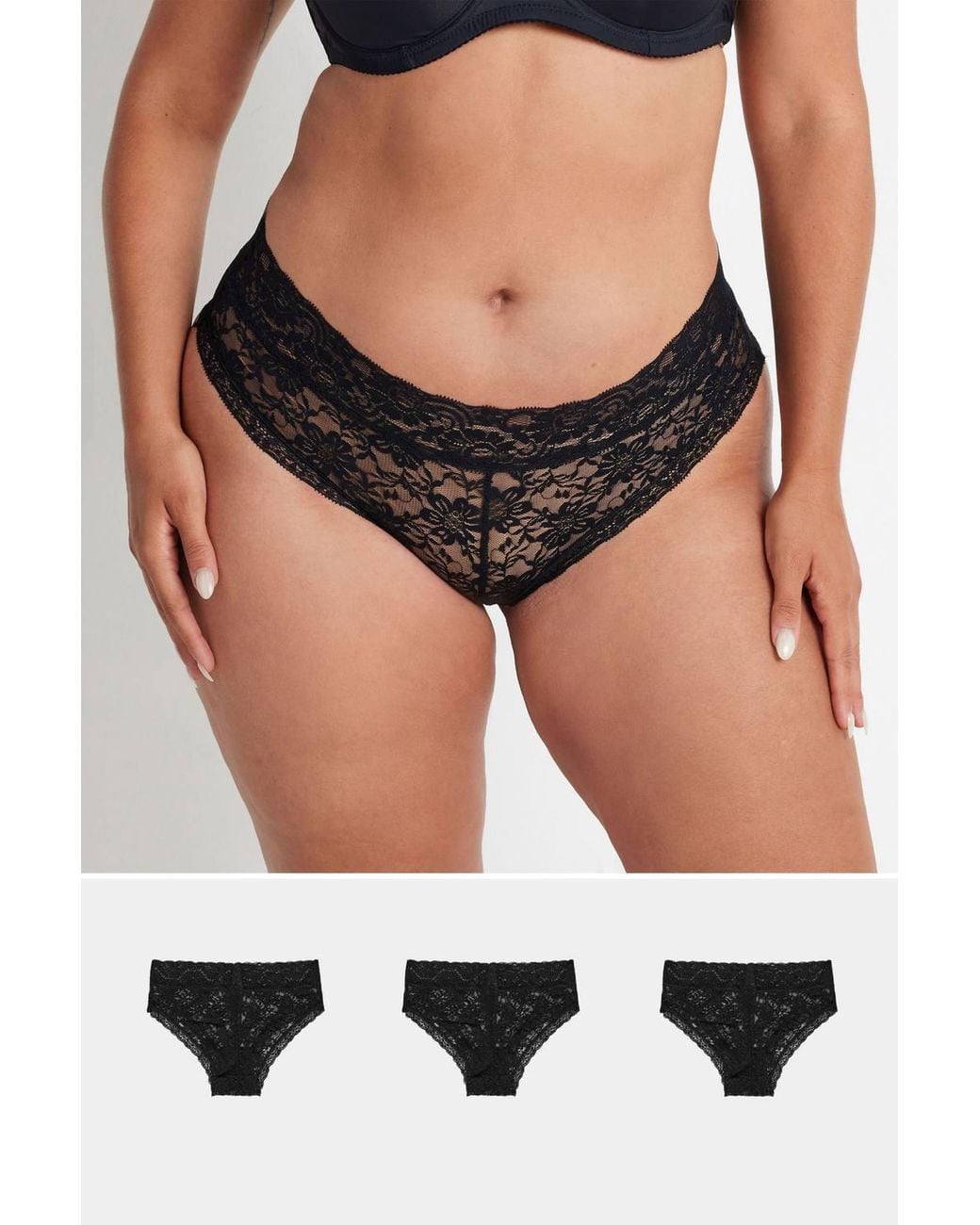 Yours Black 3 Pack Lace Brazilian Briefs
