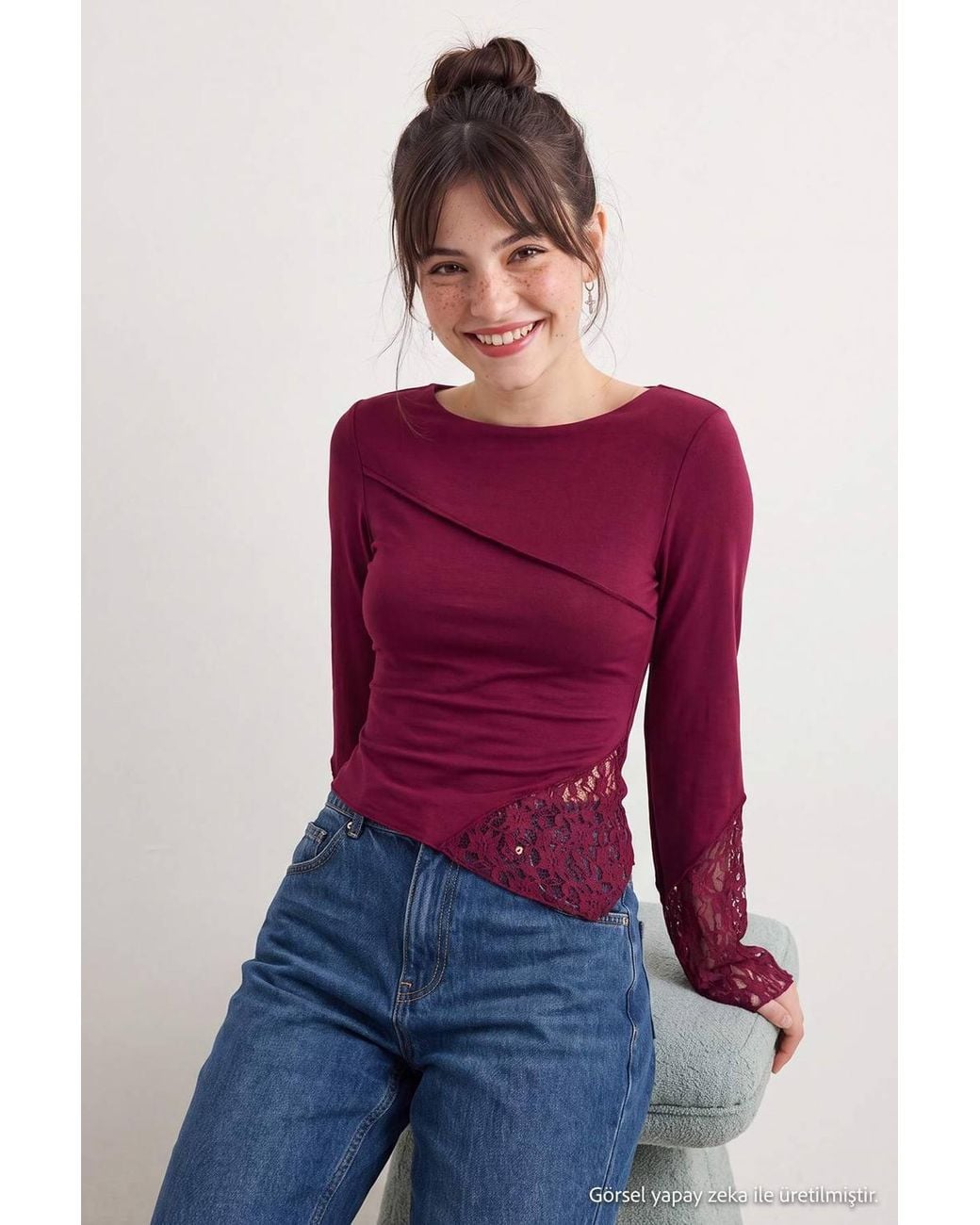 WOVCOR Red Boat Neck Spanish Sleeve Lace Detail Fitted Blouse