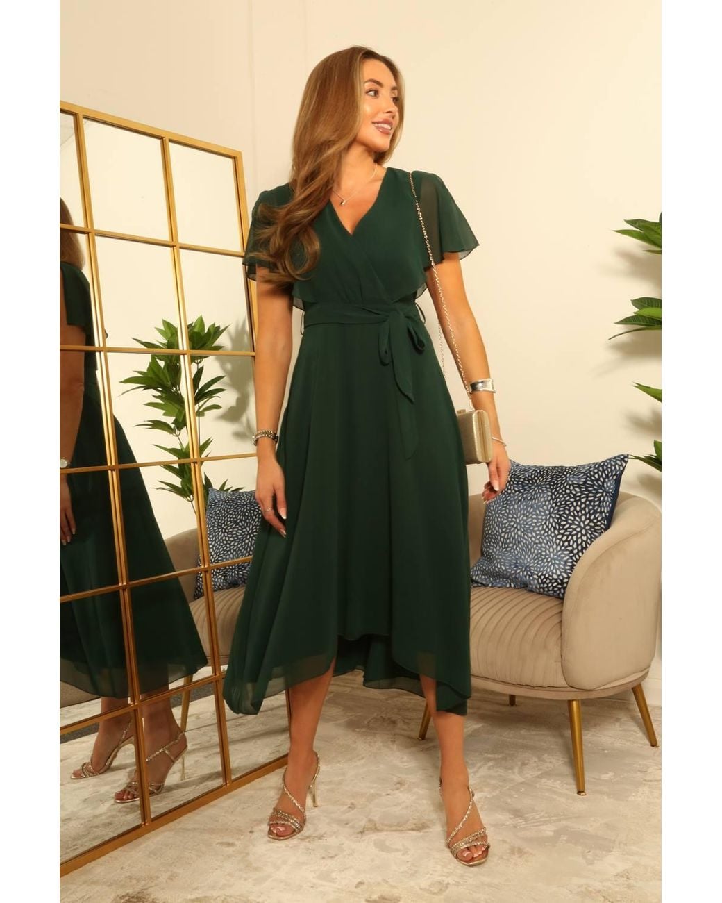 Double Second Black Chiffon Wrap Dress W/ Cape Sleeves
