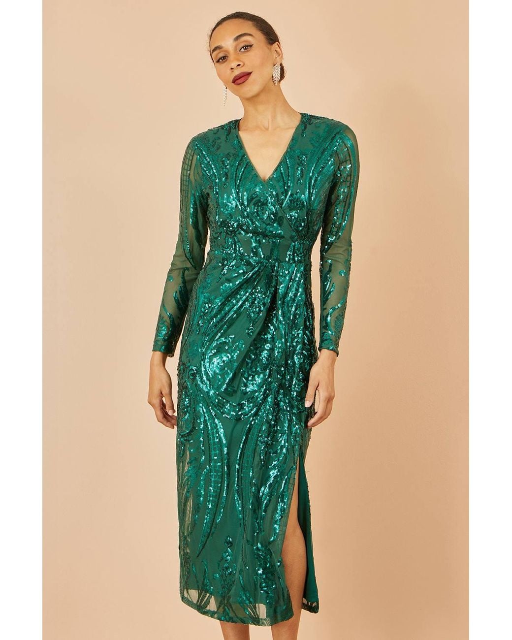 Yumi' Green Sequin Midi Wrap Dress W/ Split Hemline & Long Sleeves